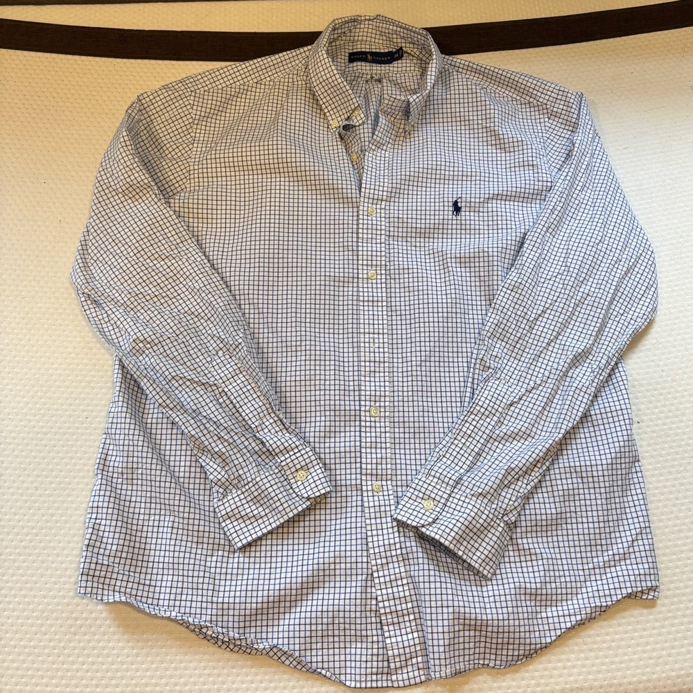 Polo Ralph Lauren XXL Shirt Mens Large White Blue/Black Check Button Down Shirt.